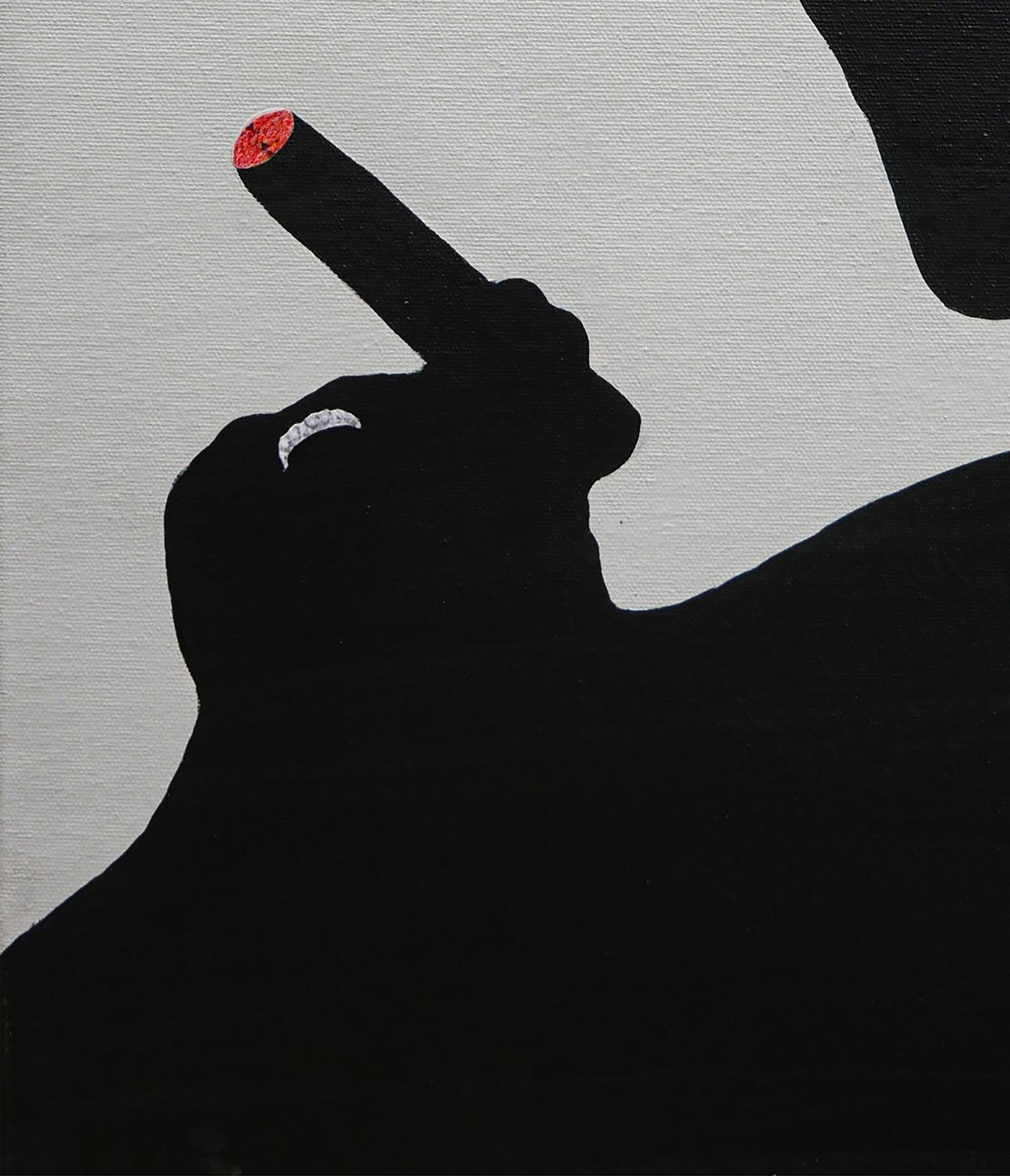 „Brock“ Graues & schwarzes abstraktes surrealistisches figuratives Gemälde eines Mannes mit Tabak im Angebot 1
