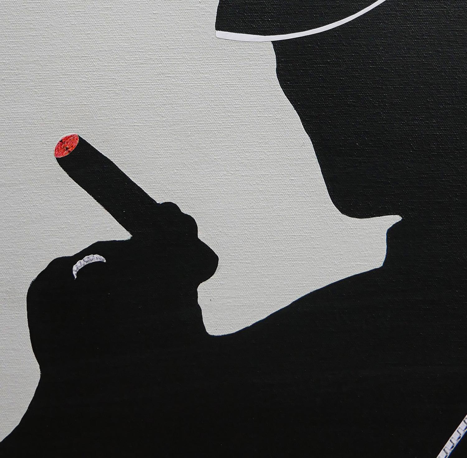 „Brock“ Graues & schwarzes abstraktes surrealistisches figuratives Gemälde eines Mannes mit Tabak im Angebot 3