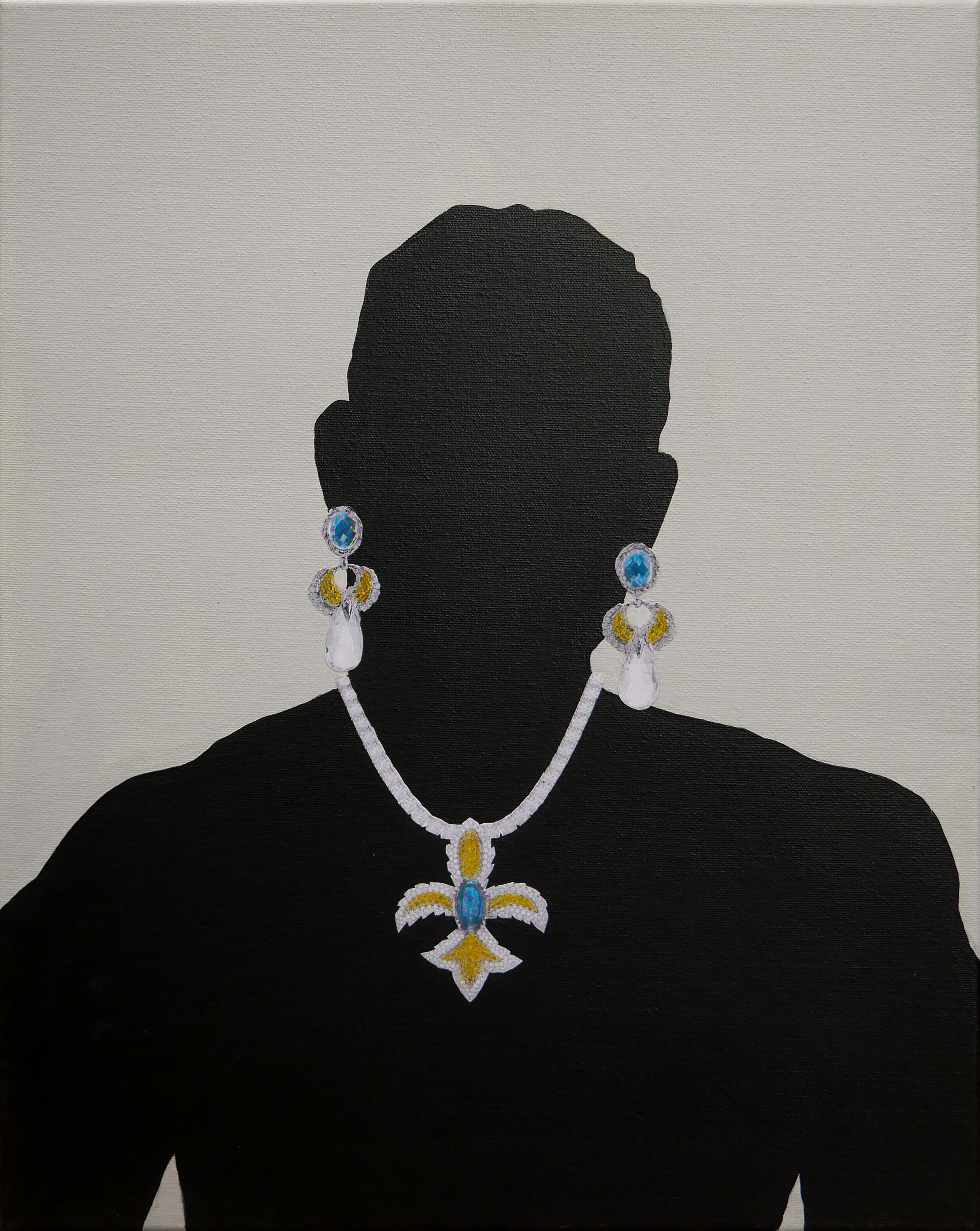 "Cal" - Peinture figurative surréaliste abstraite grise et noire représentant un homme avec des bijoux