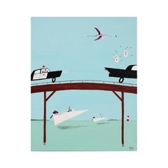 "Causeway Getaway" Light Blue and Teal Abstract Contemporary Pop Art Painting