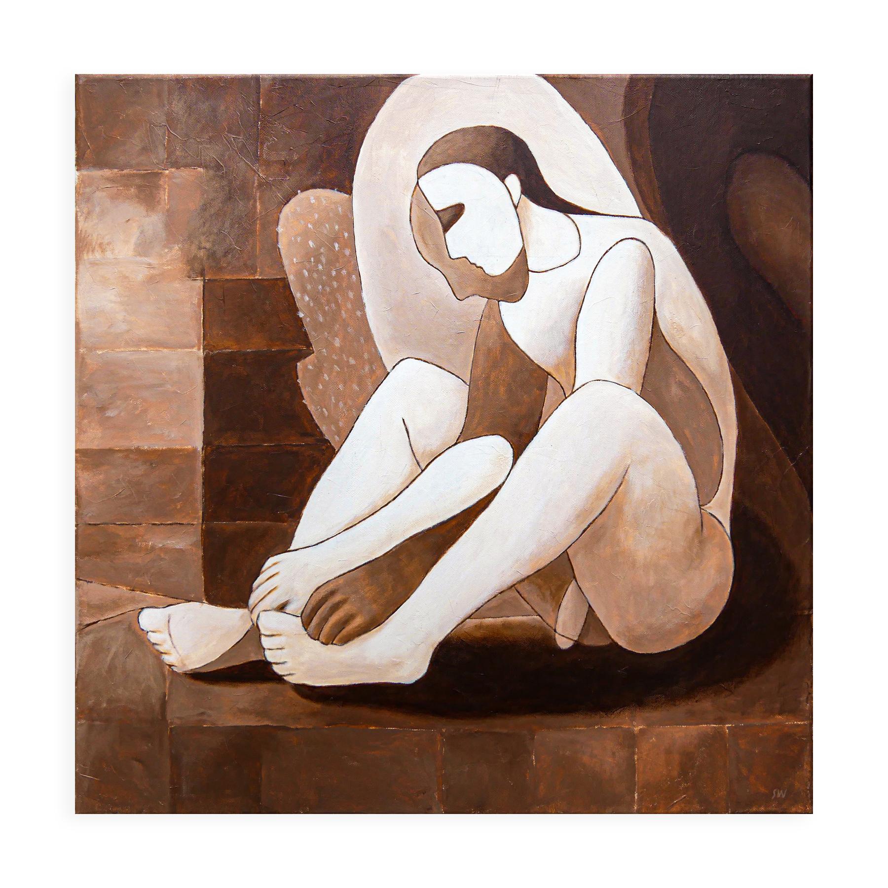 Brown / sepia-toned abstract figurative painting by Houston, TX artist Scott Woodard. The painting depicts several figures sitting on the floor in different poses. The figure sits against what seems to be a tiled interior space. Signed by the artist