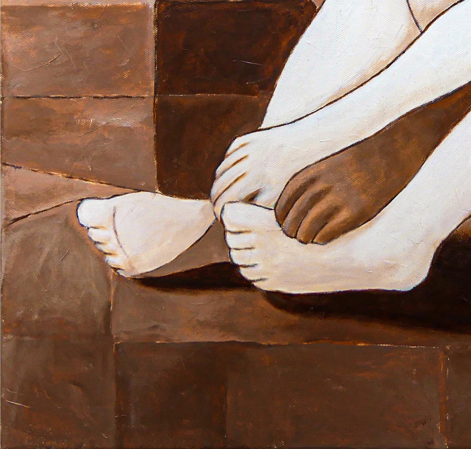 Pintura figurativa abstracta de tono marrón / sepia del artista de Houston, TX, Scott Woodard. El cuadro representa a varias figuras sentadas en el suelo en distintas posturas. La figura está sentada en lo que parece ser un espacio interior