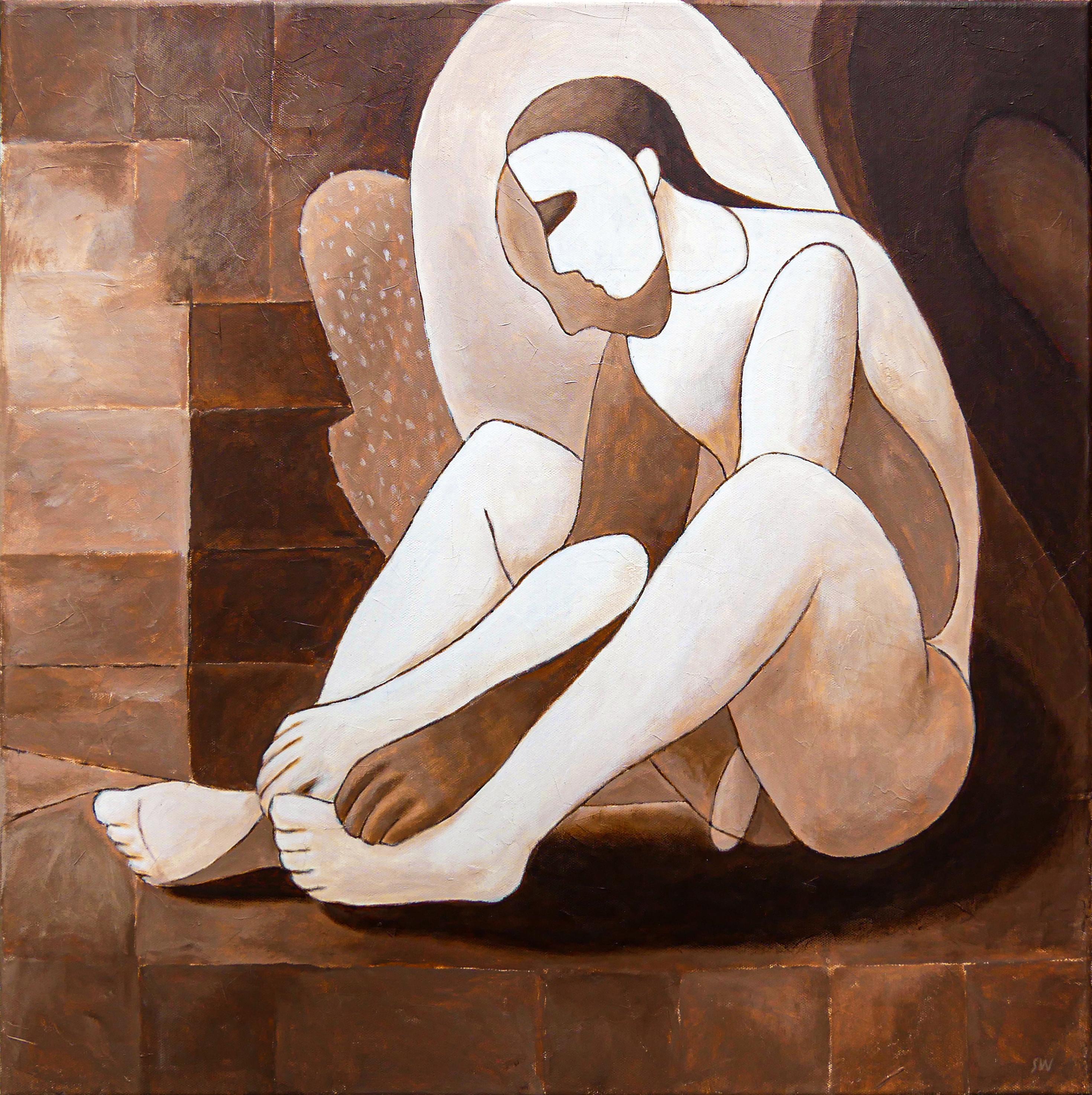 Scott Woodard Abstract Painting - "Chiaroscuro" Brown/Sepia-Toned Abstract Figurative Surrealist Painting