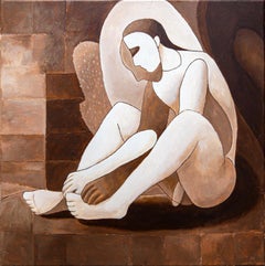"Chiaroscuro" - Peinture figurative surréaliste abstraite aux tons bruns et sépia