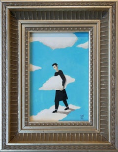 "Cloud Delivery" Sky Blue, White, and Black Surrealist Abstract Painting