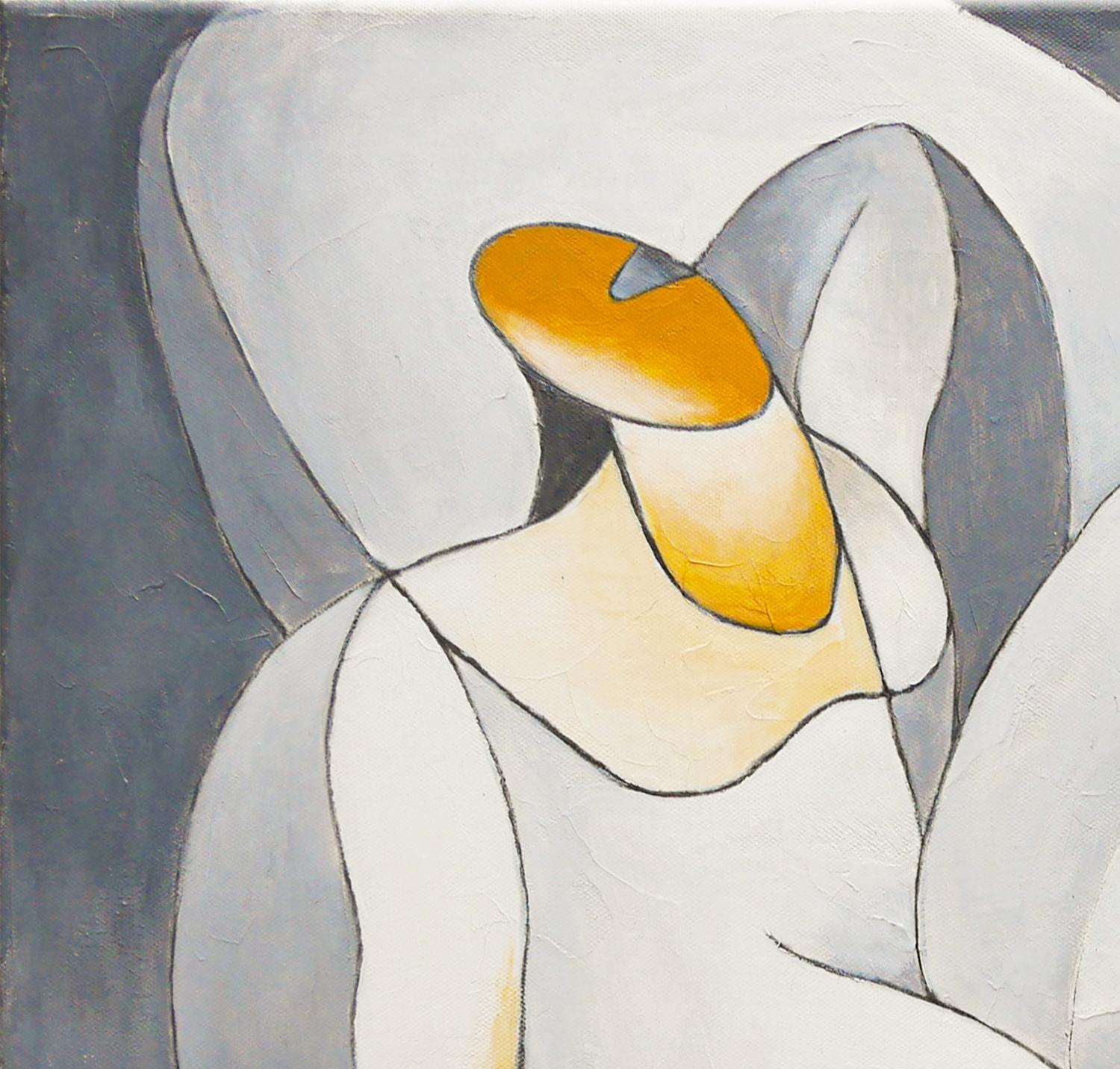 Gray-toned geometric abstract figurative painting by Houston, TX artist Scott Woodard. The painting depicts a nude figure with yellow accents against a gray background. Signed by the artist at the bottom right. Titled and dated at the back. Unframed