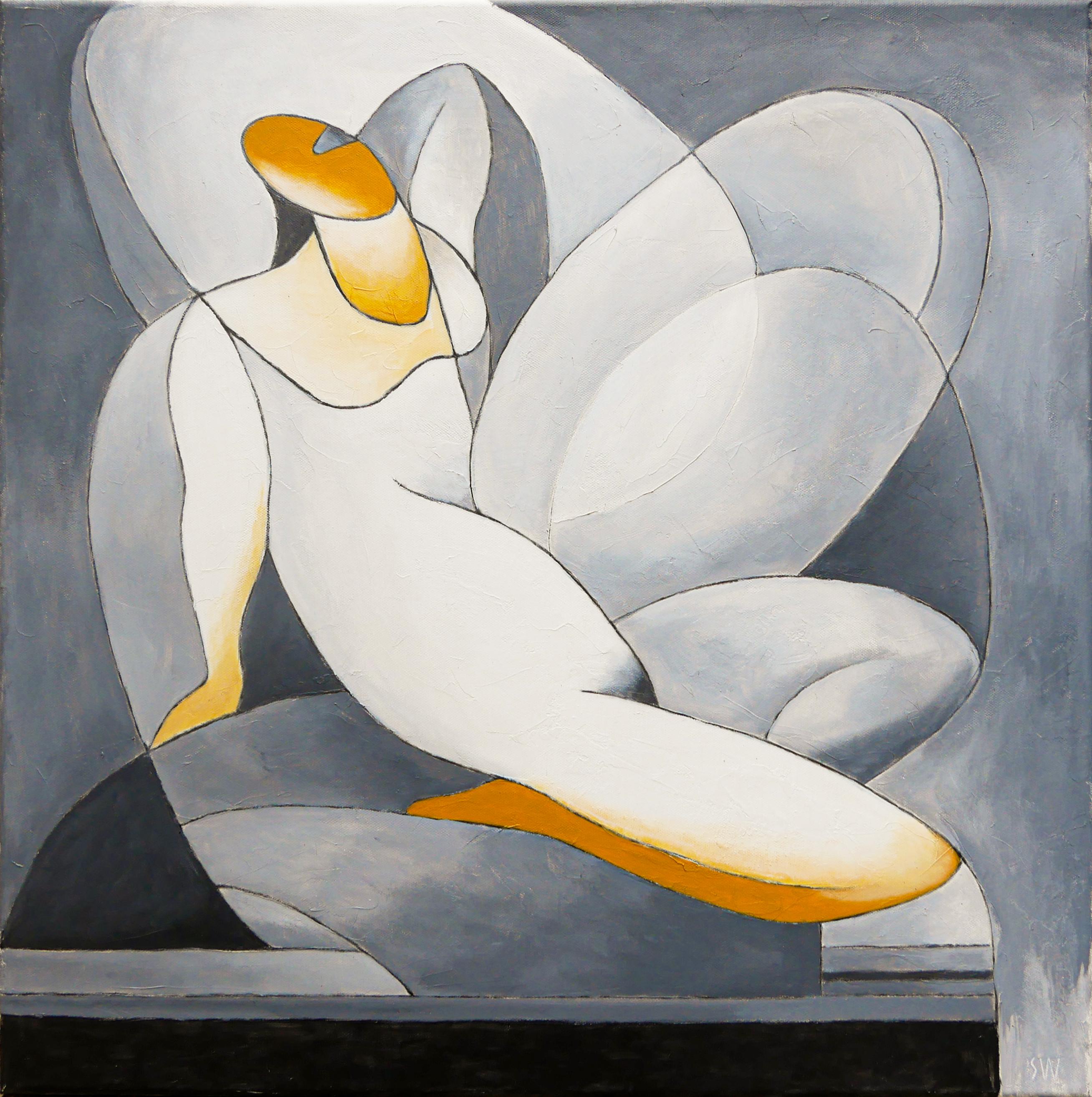 Scott Woodard Abstract Painting - "Conception" Gray and Yellow Abstract Figurative Surrealist Lady Portrait