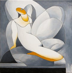 "Conception" Gray and Yellow Abstract Figurative Surrealist Lady Portrait