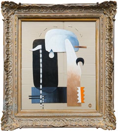 "Constructed Landscape" Tan, Gray & Orange Abstract Mixed Media Painting