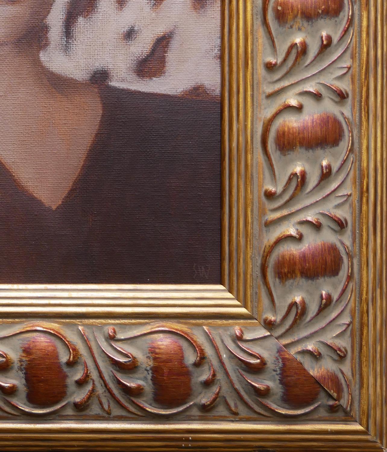 Peinture figurative abstraite contemporaine aux tons bruns de l'artiste Scott Woodard, de Houston, au Texas. Le tableau représente un homme chauve en robe brune sur un fond à motifs de couleur brune. Signé par l'artiste dans le coin inférieur droit.