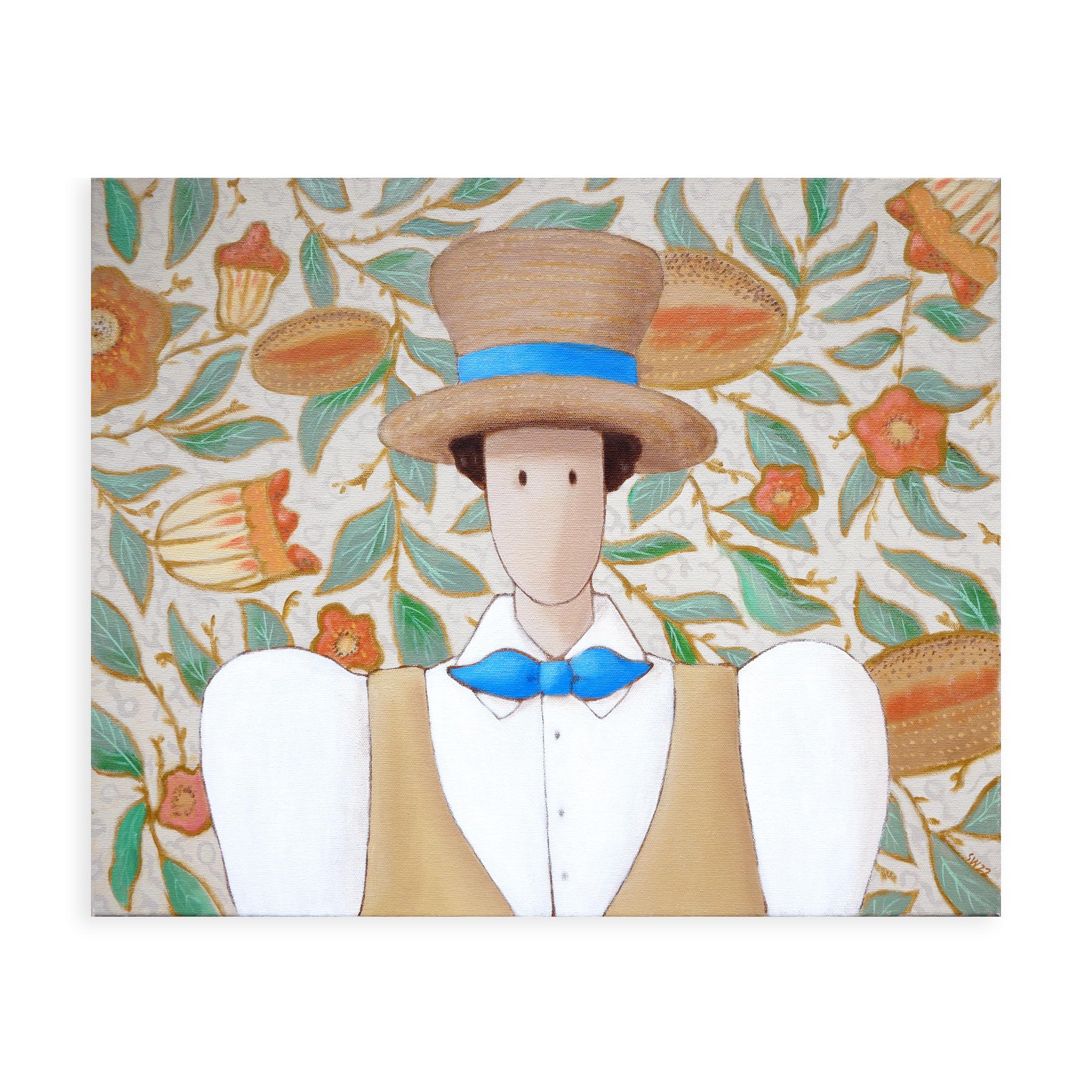 Green and tan abstract figurative contemporary painting by Houston, TX artist Scott Woodard. This painting depicts a female figure wearing a white and brown top with a blue ribbon and a brown top hat against a background of orange florals. Signed by