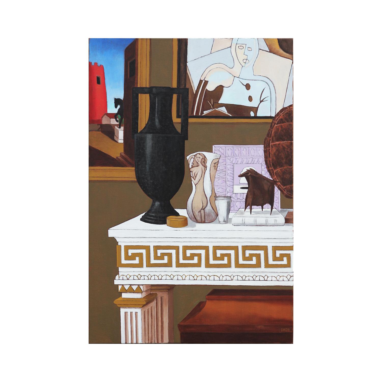 « Console blanche avec nature morte et clé grecque de Giorgio Juan Pablo Scott », peinture d'intérieur - Painting de Scott Woodard
