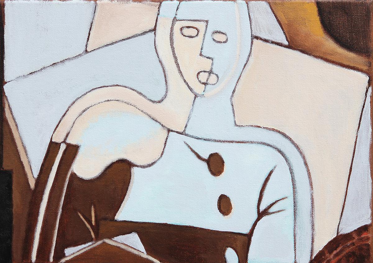 „Giorgio Juan Pablo Scott Stillleben, weiße Konsole mit griechischem Schlüssel“, Innengemälde (Braun), Interior Painting, von Scott Woodard