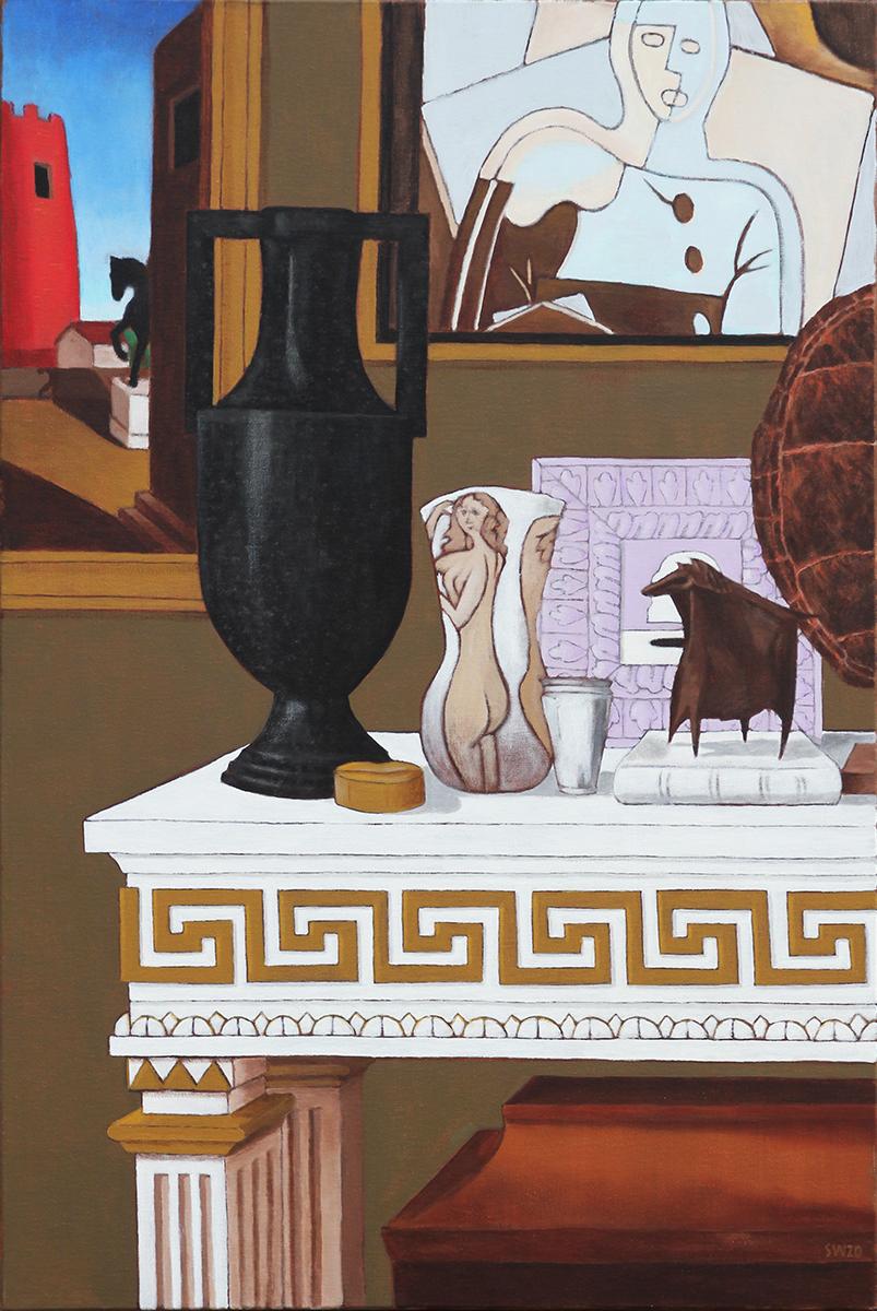 Scott Woodard Interior Painting – „Giorgio Juan Pablo Scott Stillleben, weiße Konsole mit griechischem Schlüssel“, Innengemälde