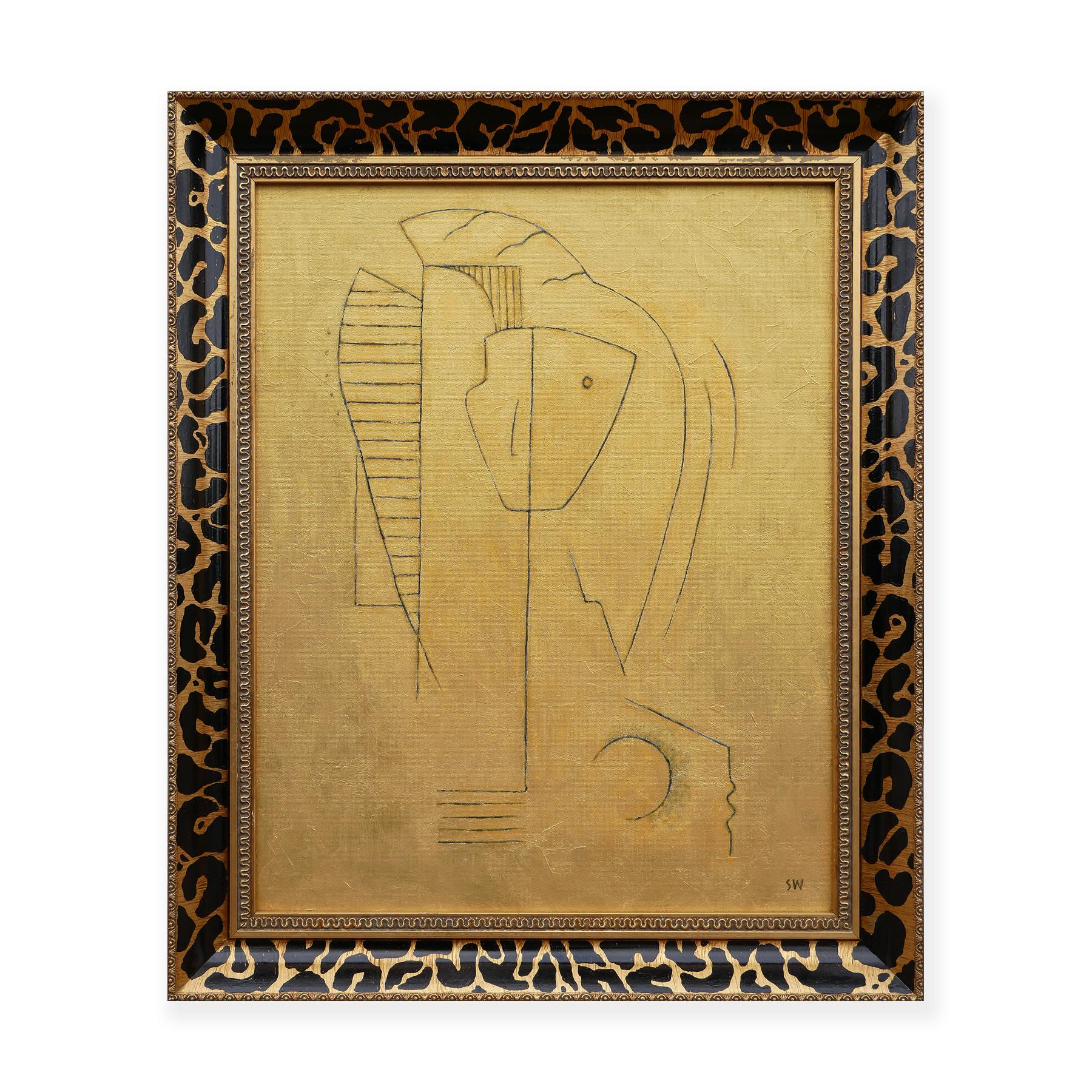 Contemporary abstract painting by Houston, TX artist Scott Woodard. The work depicts minimalist lines that form an abstracted figure in a profile position. Signed by the artist at the bottom right corner. Framed in a black and gold leopard-printed