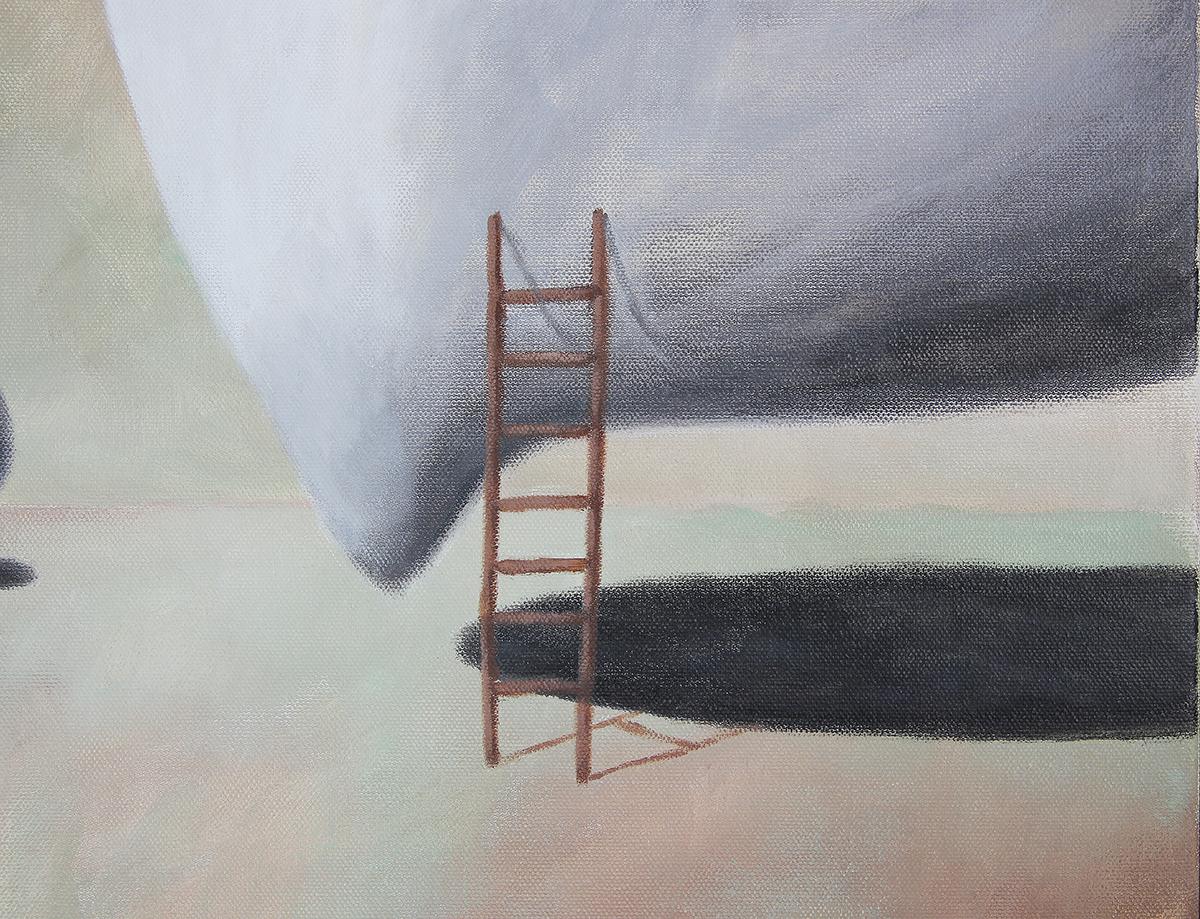 Pastel toned surrealist landscape by contemporary Houston artist Scott Woodard. The work features white, amorphous forms with ladders leaned against them floating against a pastel green and brown landscape. The work is signed and dated in the front