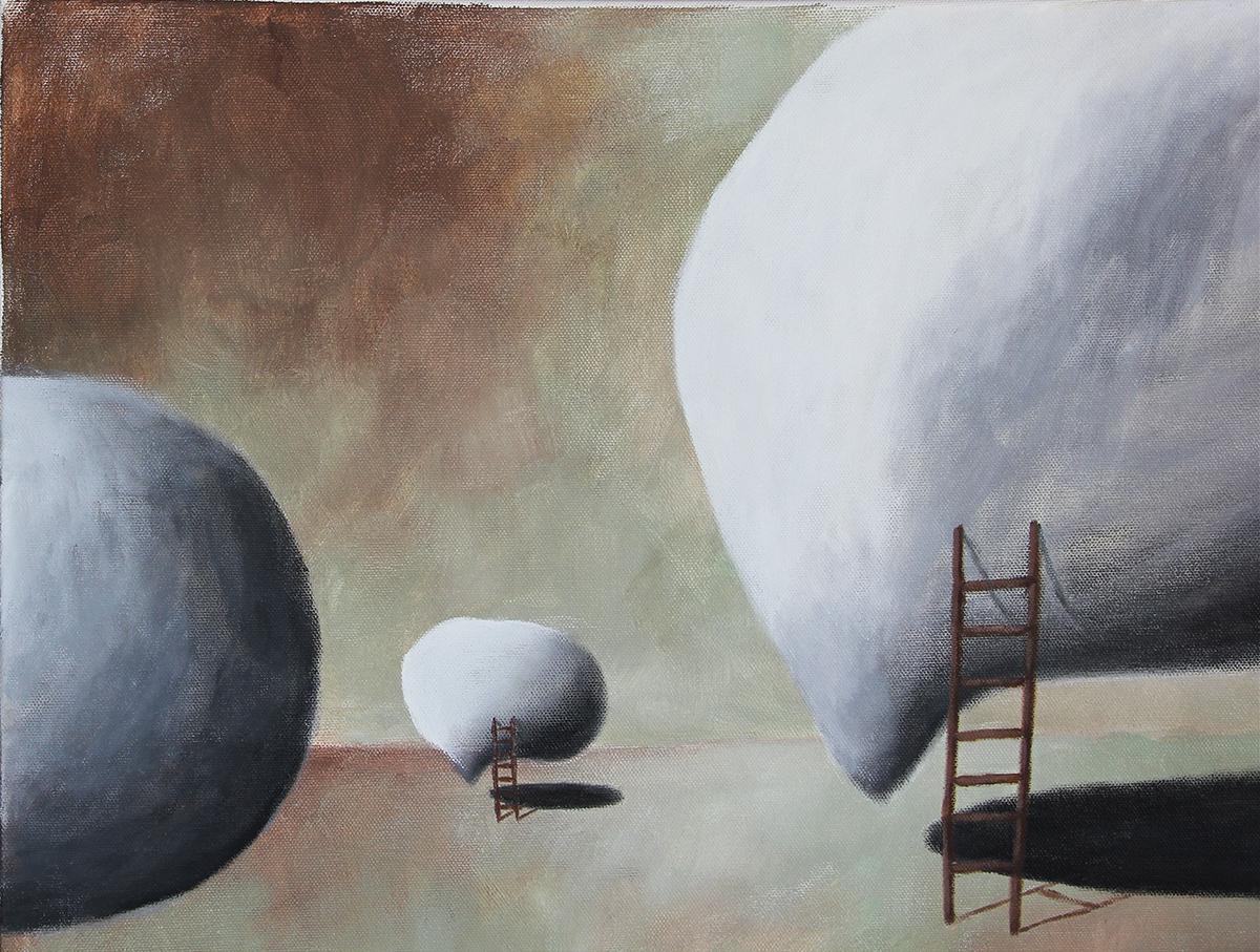 Scott Woodard Landscape Painting - "Here Come the Warm Jets" Contemporary Pastel Surrealist Landscape with Ladders