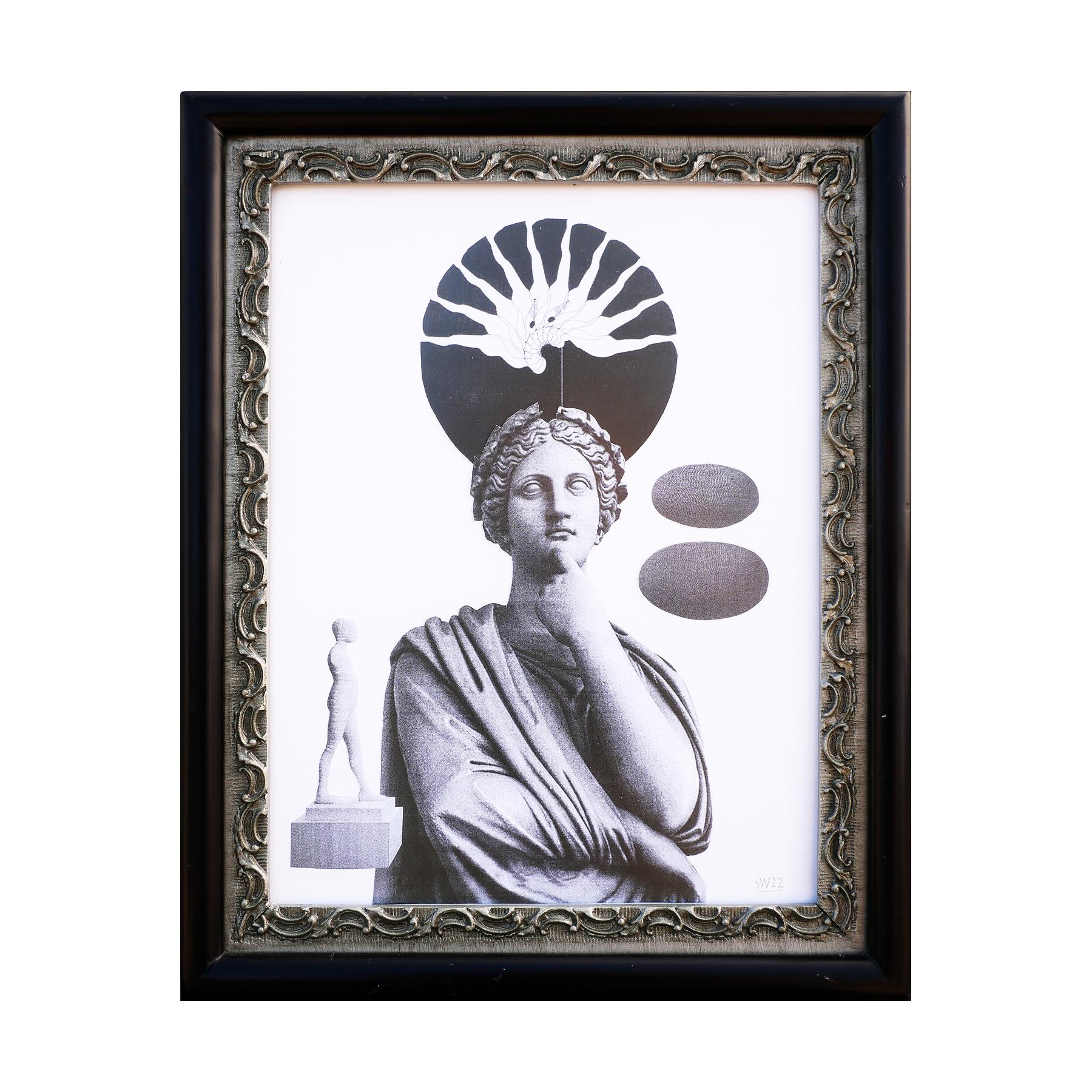 Hmmmm - Collage de médias mixtes abstraits et surréalistes contemporains noir et blanc - Painting de Scott Woodard