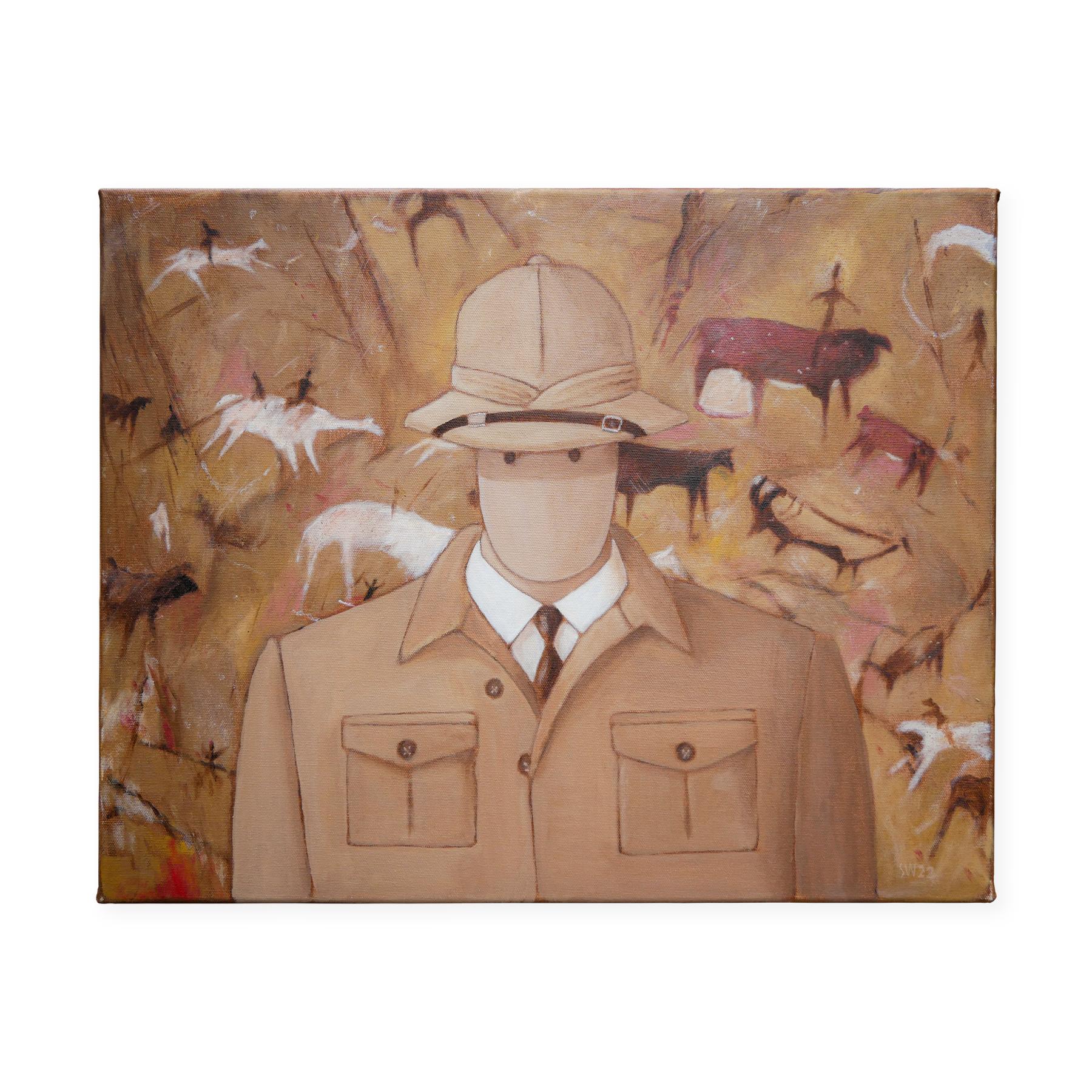 Brown abstract figurative painting by Houston, TX artist Scott Woodard. The painting depicts a man in a brown coat and hat against the Lascaux cave paintings in France. Signed by the artist at the bottom right. Titled and dated at the back. Unframed