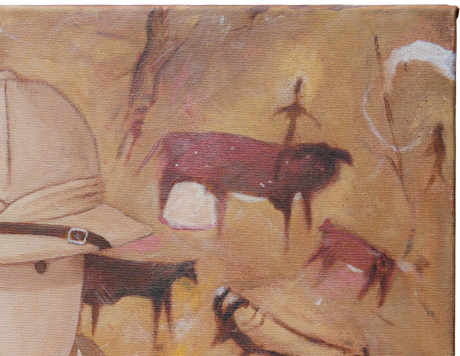 Peinture figurative abstraite brune de l'artiste Scott Woodard de Houston, TX. Le tableau représente un homme vêtu d'un manteau et d'un chapeau marron contre les peintures de la grotte de Lascaux en France. Signé par l'artiste en bas à droite. Titré