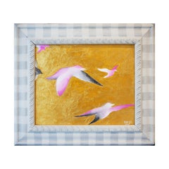 "Little Dinosaurs" Gold, Pink, Teal, and White Abstract Birds Painting
