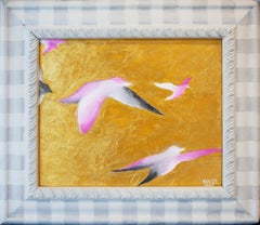 "Little Dinosaurs" Gold, Pink, Teal, and White Abstract Birds Painting