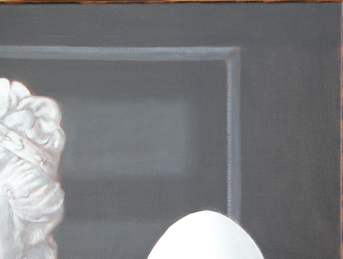 Peinture d'intérieur réaliste contemporaine en noir et blanc « M. A. Mark Still Life » - Noir Still-Life Painting par Scott Woodard
