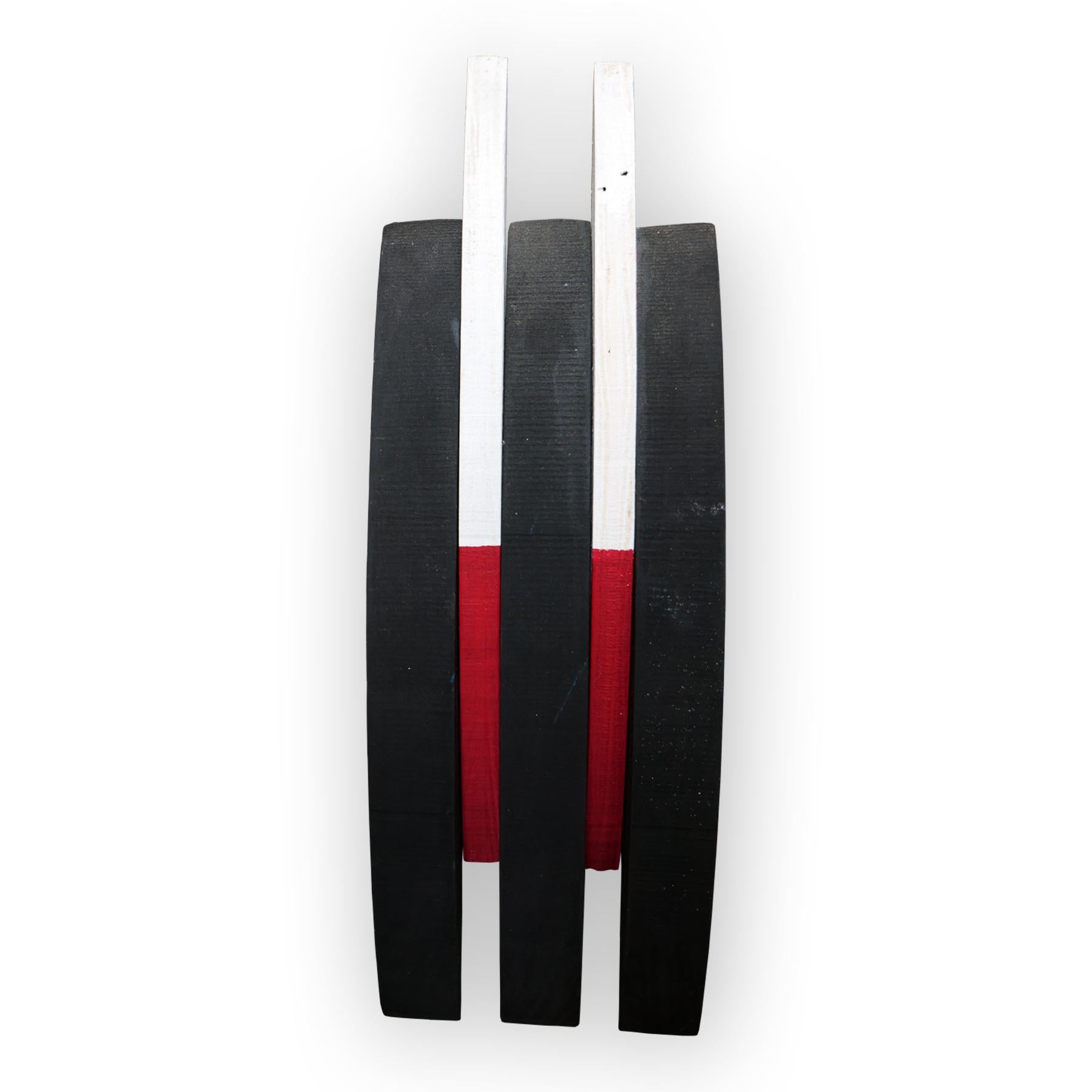 “Minimal 5” Red, White, and Black Geometric Abstract Wooden Sculpture - Painting by Scott Woodard