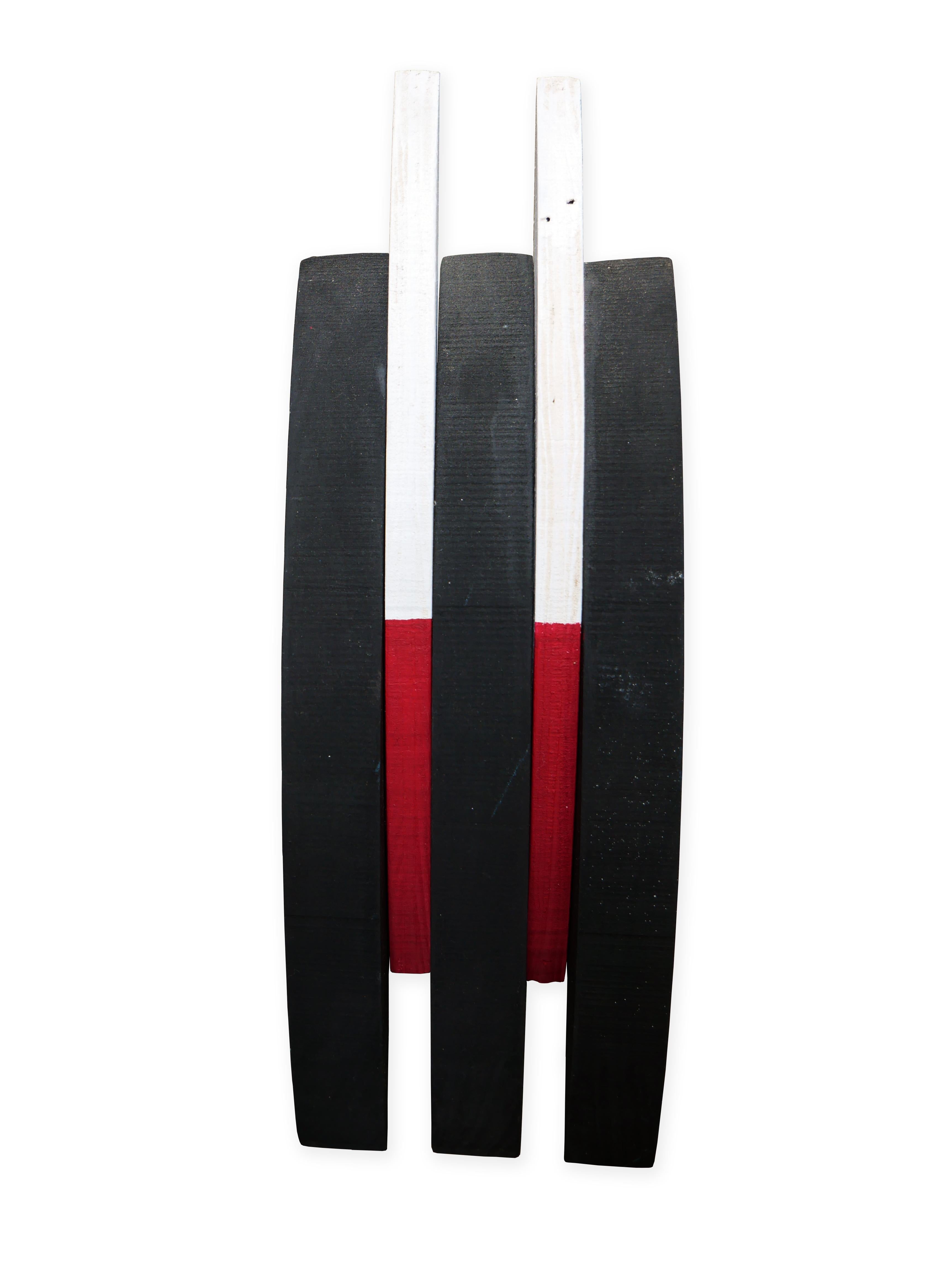 Scott Woodard Figurative Painting - “Minimal 5” Red, White, and Black Geometric Abstract Wooden Sculpture