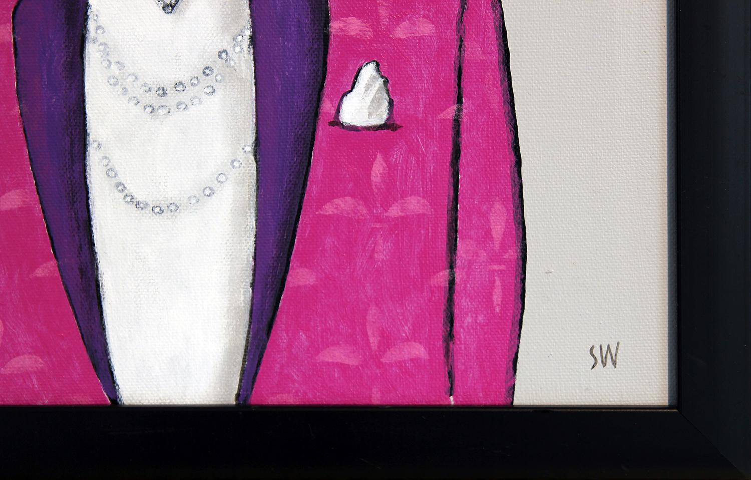 Ritratto figurativo surrealista rosa, viola e grigio dell'artista contemporaneo di Houston Scott Woodard. L'opera presenta una figura femminile astratta che indossa un abito aristocratico con una gorgiera bianca. L'opera è firmata nell'angolo