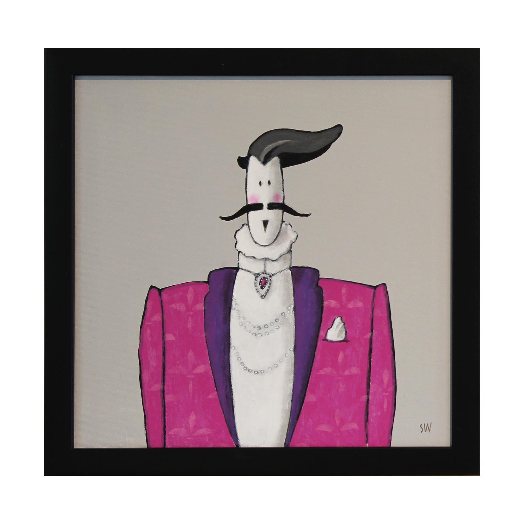 Abstract Painting di Scott Woodard - "Mssr. Quadro di figura aristocratica astratta "Violette" rosa, viola e grigio