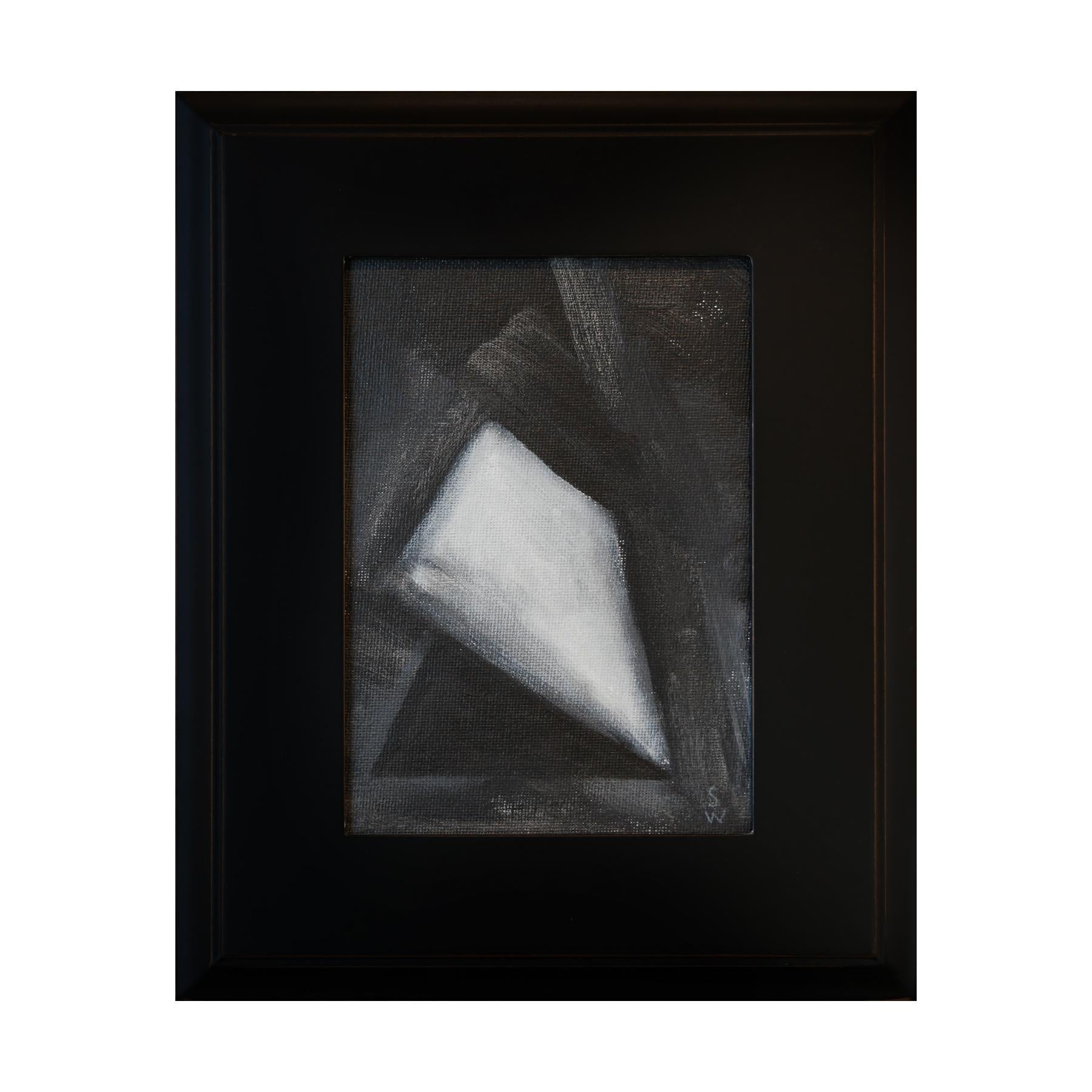 Black and white abstract geometric surrealist painting by Houston, TX artist Scott Woodard. The piece depicts a white plane resembling a laptop rendered against a dark gray background. Signed by the artist at the bottom right. Framed in a black