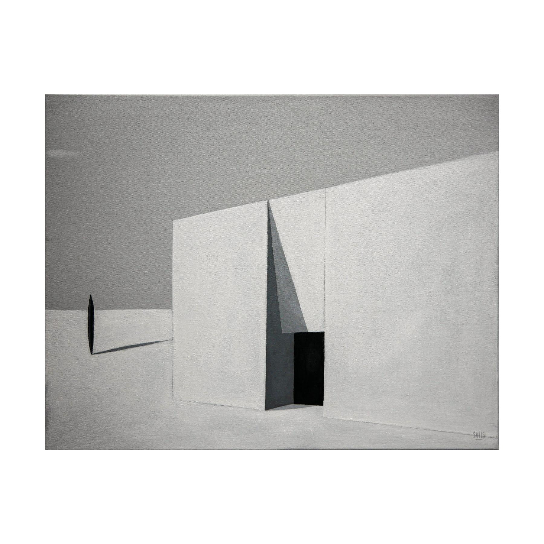 Peinture de paysage architecturale surréaliste abstraite grise et noire « Oasis » - Painting de Scott Woodard