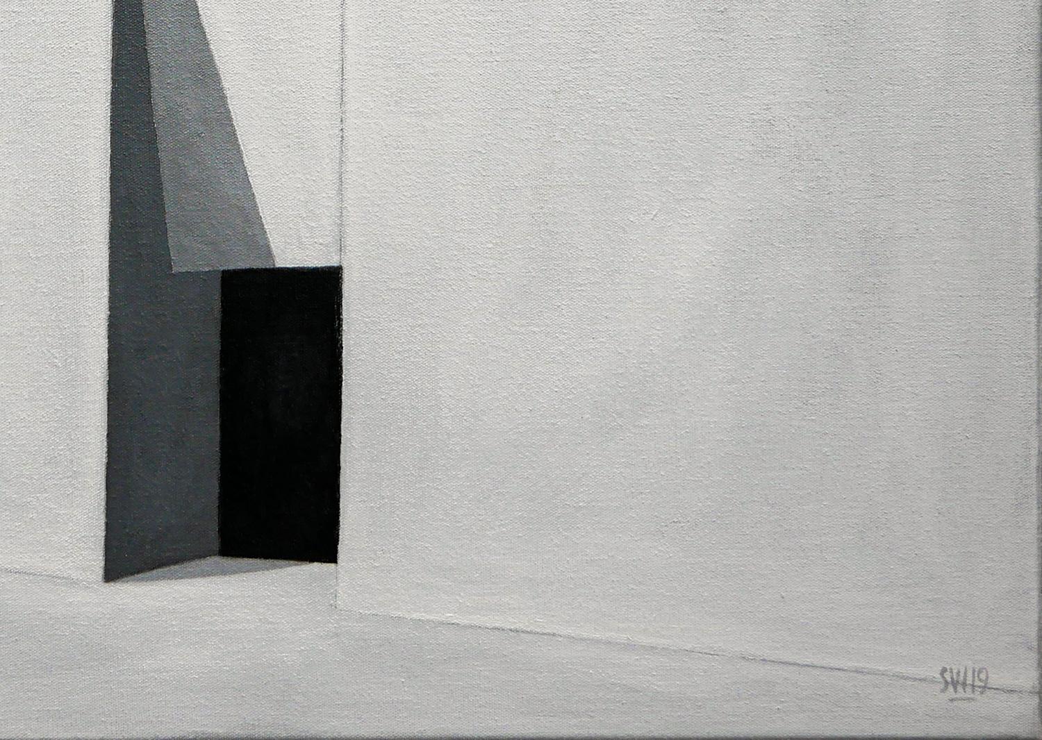 Peinture de paysage architecturale surréaliste abstraite grise et noire « Oasis » en vente 2
