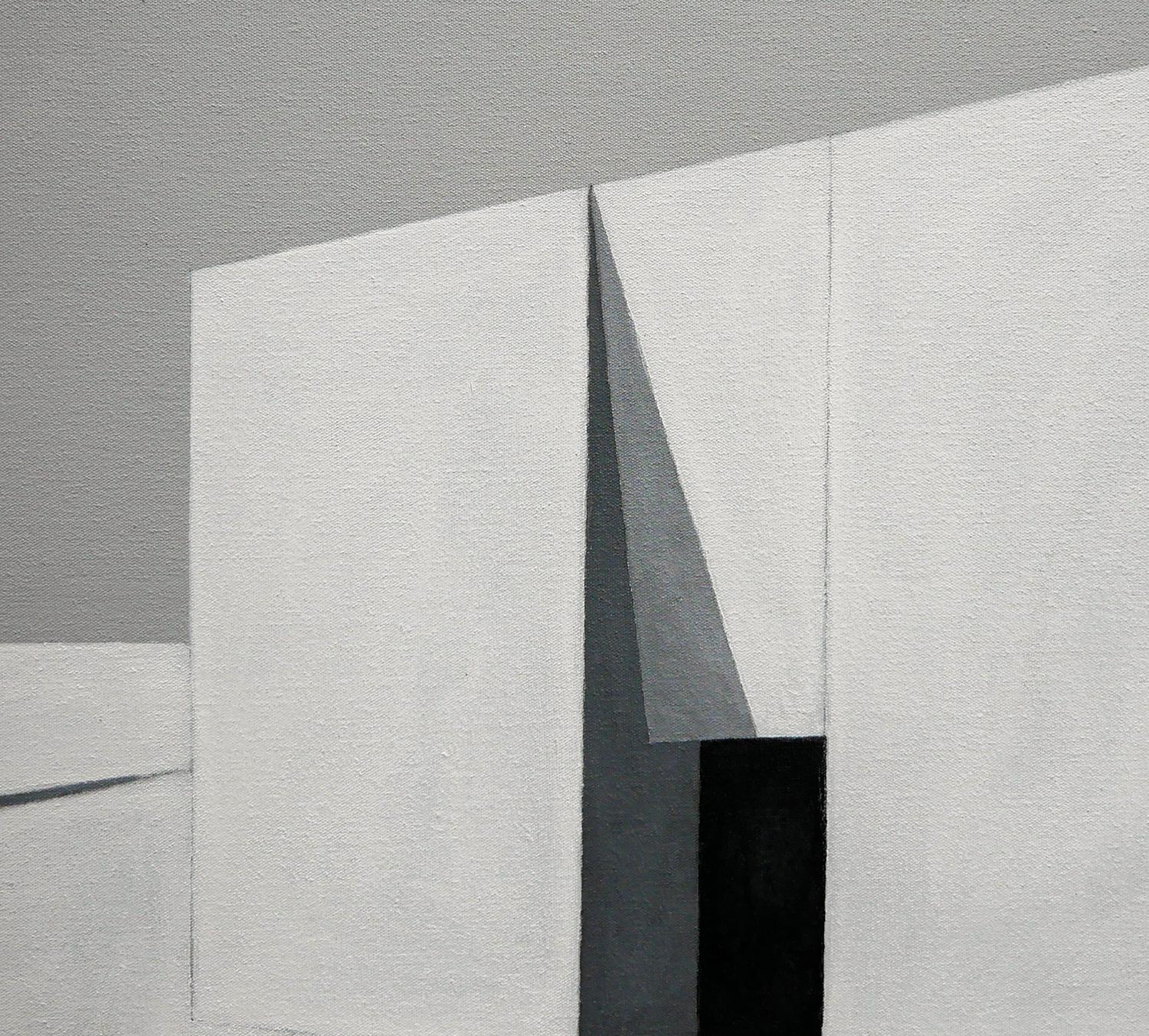 Peinture de paysage architecturale surréaliste abstraite grise et noire « Oasis » en vente 3