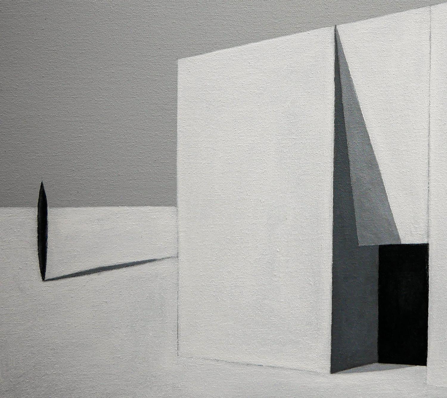 Peinture de paysage architecturale surréaliste abstraite grise et noire « Oasis » en vente 4