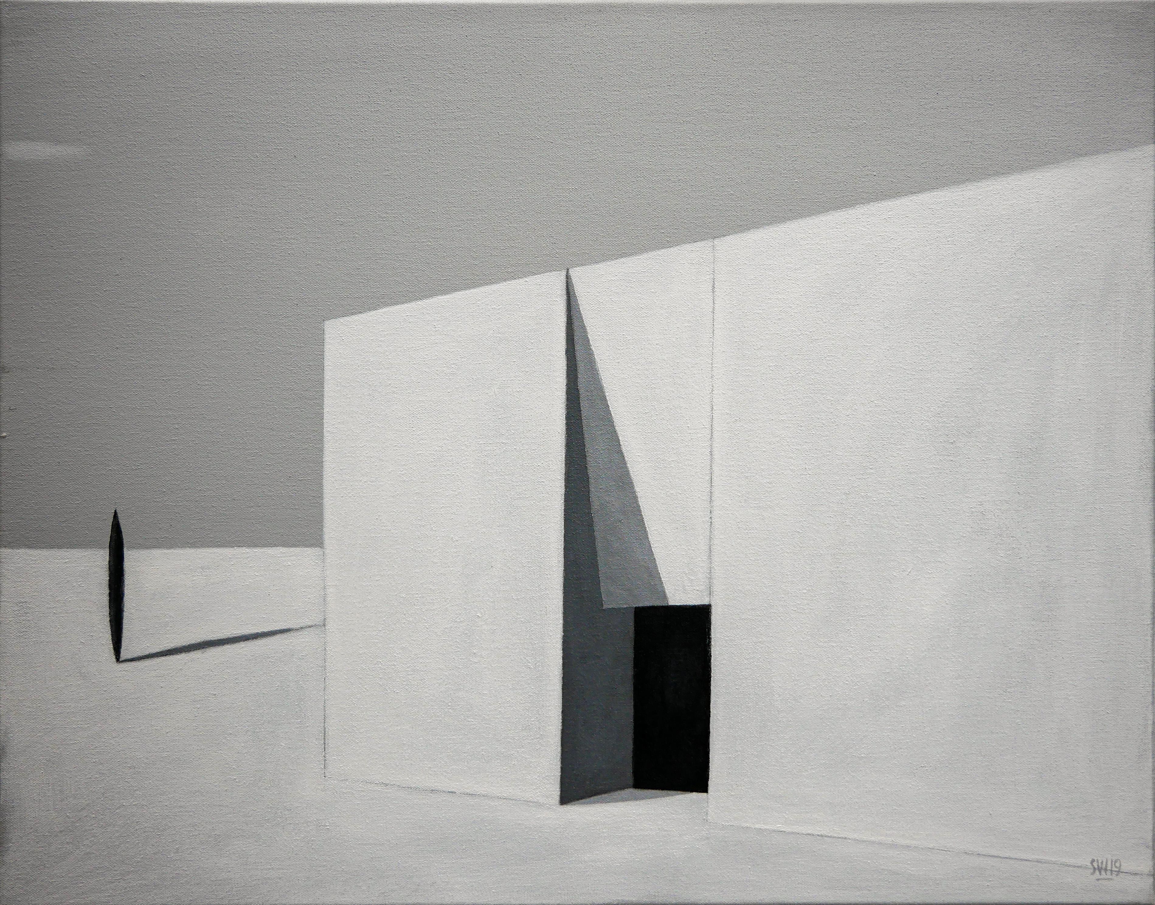 Gray, black, and white abstract contemporary landscape painting by Houston, TX artist Scott Woodard. The painting depicts a surrealist scene with a modernist contemporary architectural structure in the middle of a gray and empty landscape. Signed by