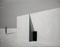 Peinture de paysage architecturale surréaliste abstraite grise et noire « Oasis »