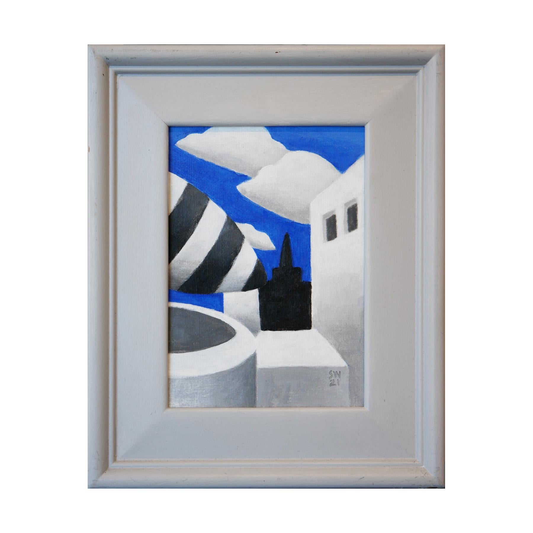 Blue, white, gray, and black contemporary architectural painting by Houston, TX artist Scott Woodard. The painting depicts a surrealist scene with a number of architectural structures. The structures are rendered against a bright blue background.