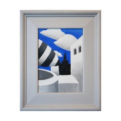 "Puffy City Night Scape" Blue, White, Gray & Black Contemporary Surreal Painting