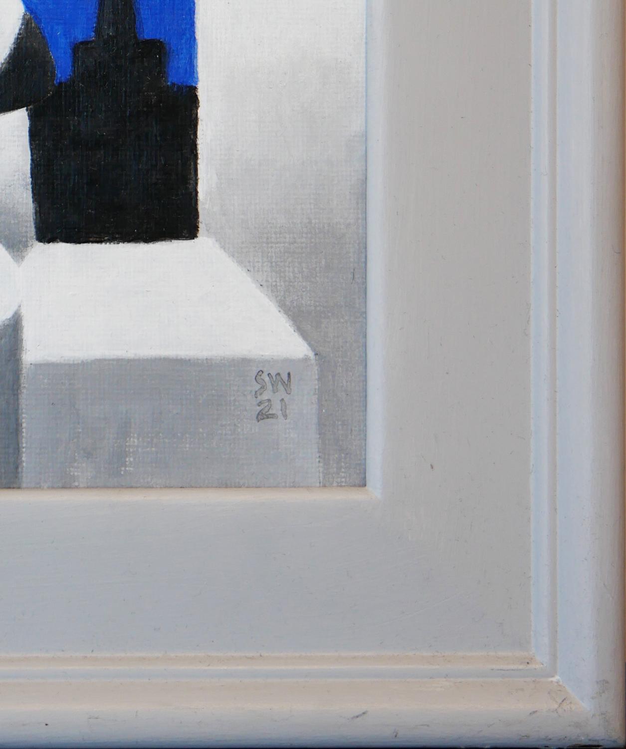 Peinture contemporaine surréaliste bleue, blanche, grise et noire « Puffy City Night Scape » en vente 1