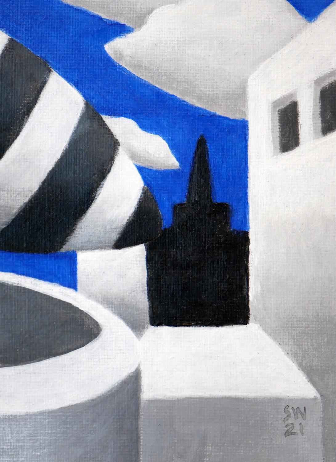 Peinture contemporaine surréaliste bleue, blanche, grise et noire « Puffy City Night Scape » en vente 2