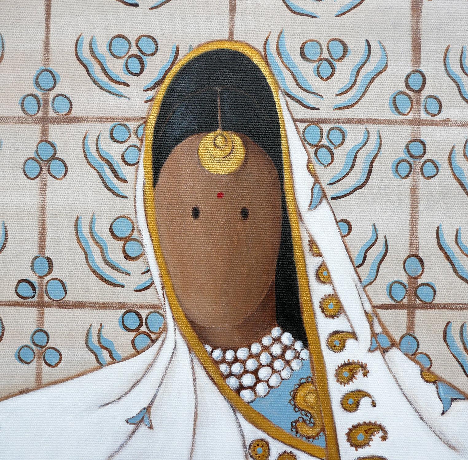 “Queen Kunti-Heroine of the Mahabharata” Light Blue & Gold Contemporary Painting For Sale 5