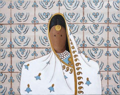 Zeitgenössisches Gemälde der Königin Kunti-Heroine der Mahabharata in Hellblau und Gold