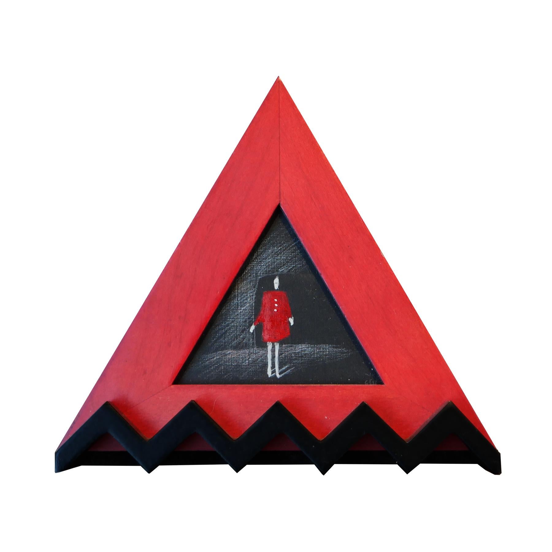 Petite peinture figurative abstraite rouge et noire « Red Dress » dans un cadre triangulaire - Painting de Scott Woodard