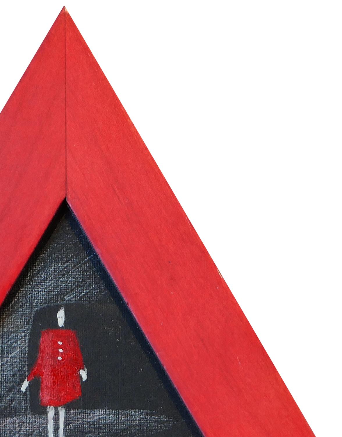 Petite peinture figurative abstraite rouge et noire de l'artiste Scott Woodard de Houston, TX. Le tableau représente une dame vêtue d'une robe rouge sur un fond noir. Signé par l'artiste au dos de l'œuvre. Encadré dans un cadre triangulaire rouge et