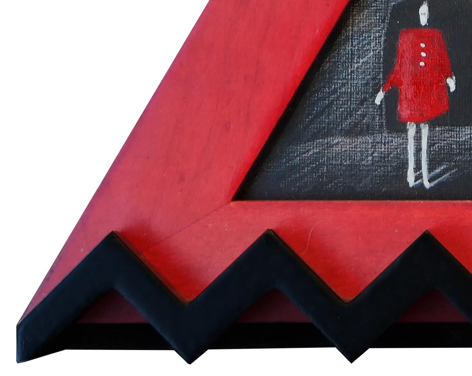 Petite peinture figurative abstraite rouge et noire « Red Dress » dans un cadre triangulaire en vente 1
