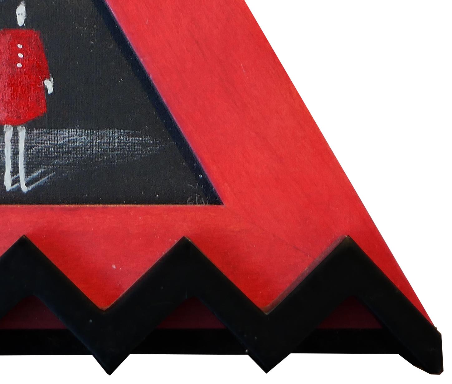 Petite peinture figurative abstraite rouge et noire « Red Dress » dans un cadre triangulaire en vente 2