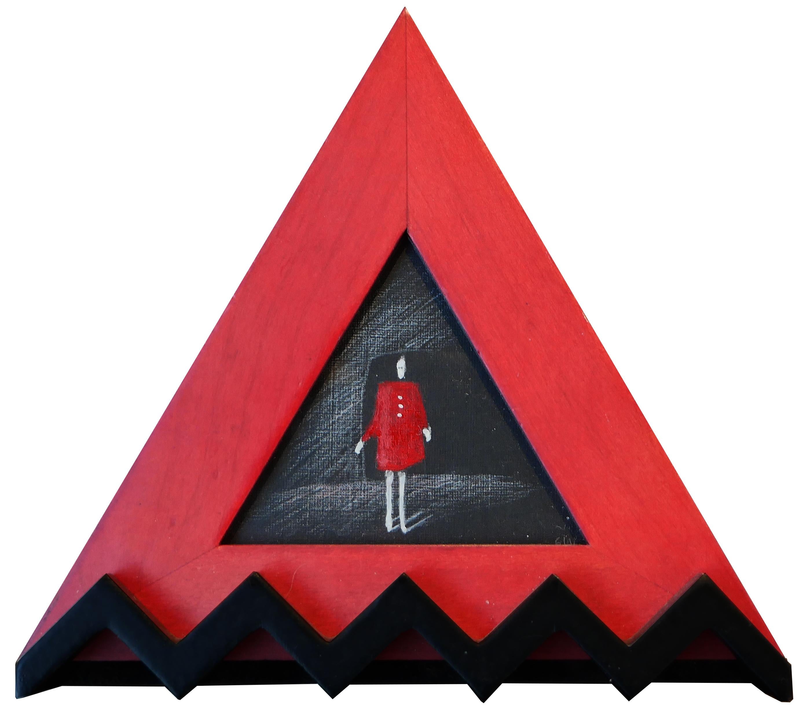 Scott Woodard Abstract Painting - "Red Dress" Small Red and Black Abstract Figurative Painting in a Triangle Frame