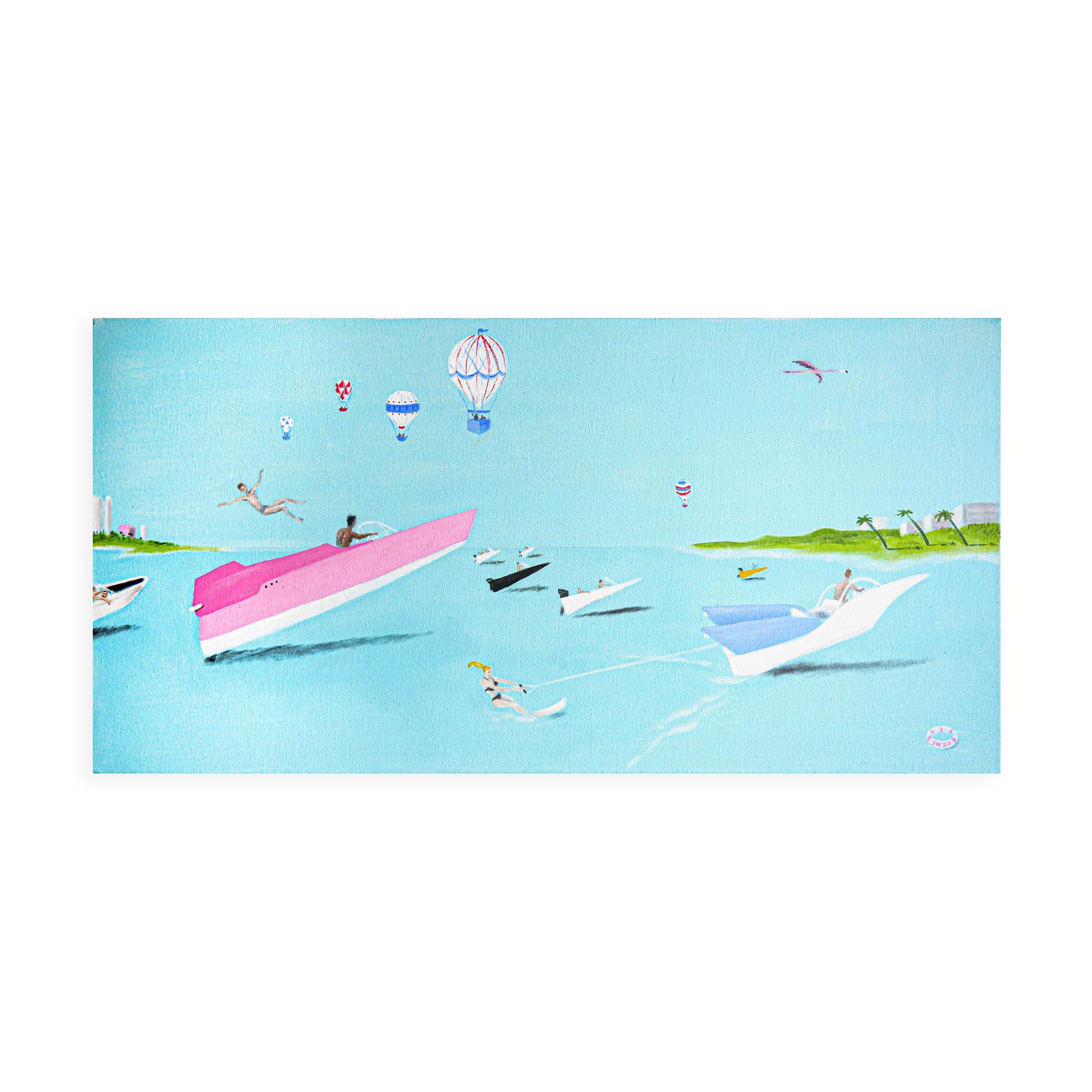Sky blue, pink, and light green abstract contemporary painting by Houston, TX artist Scott Woodard. The painting depicts a fun beach scene with surrealistic elements such as boats and jetskis that look like origami. Signed by the artist at the